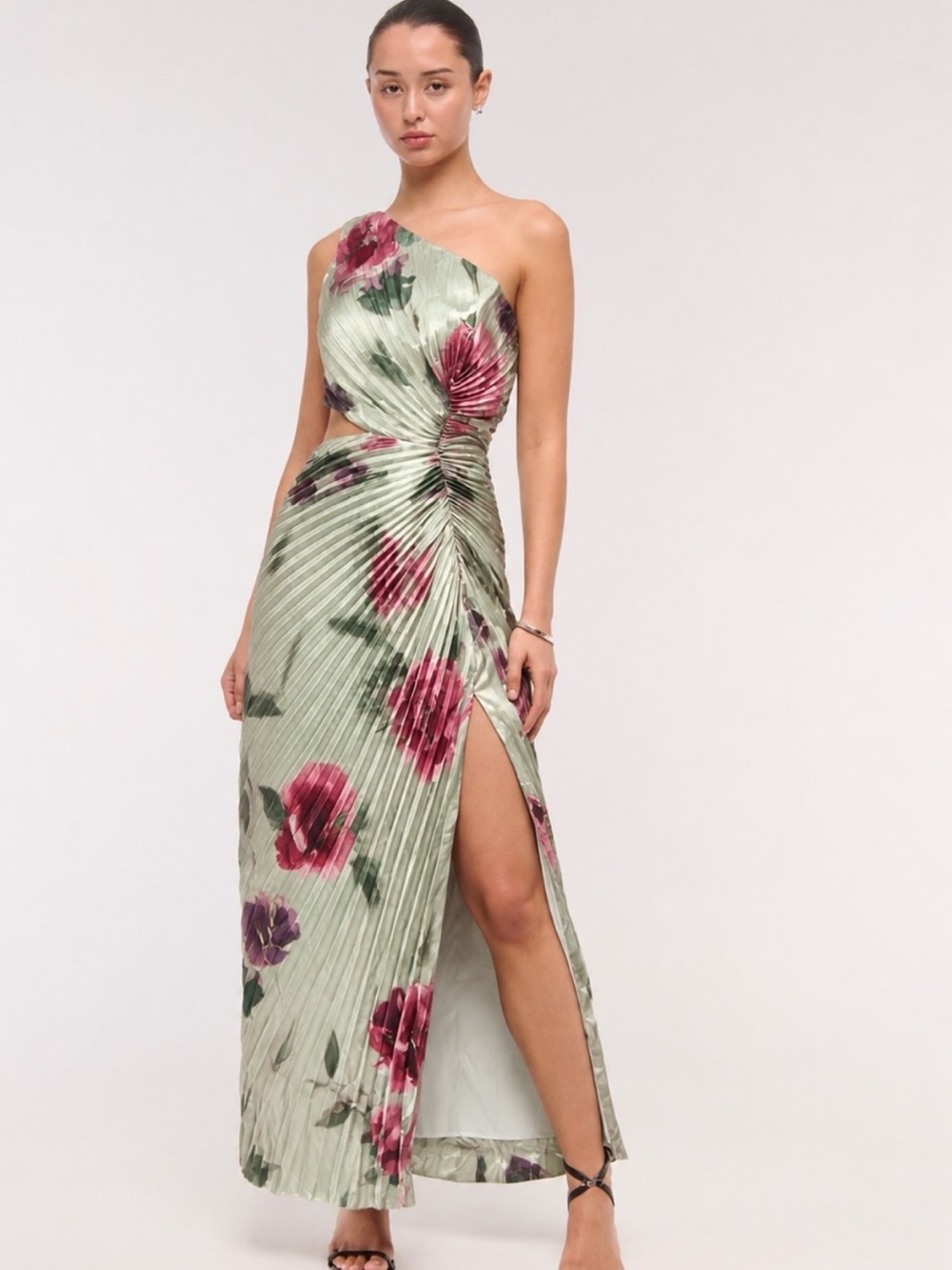 Abercrombie & Fitch One Shoulder Floral Green Pleated Gisele Cutout Maxi Dress - Picture 5 of 14